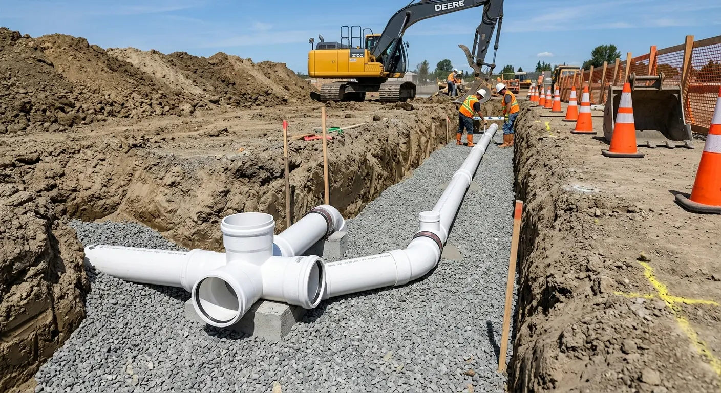 New PVC sewer pipe installation in open trench for Sewer Backup in St. Helena
