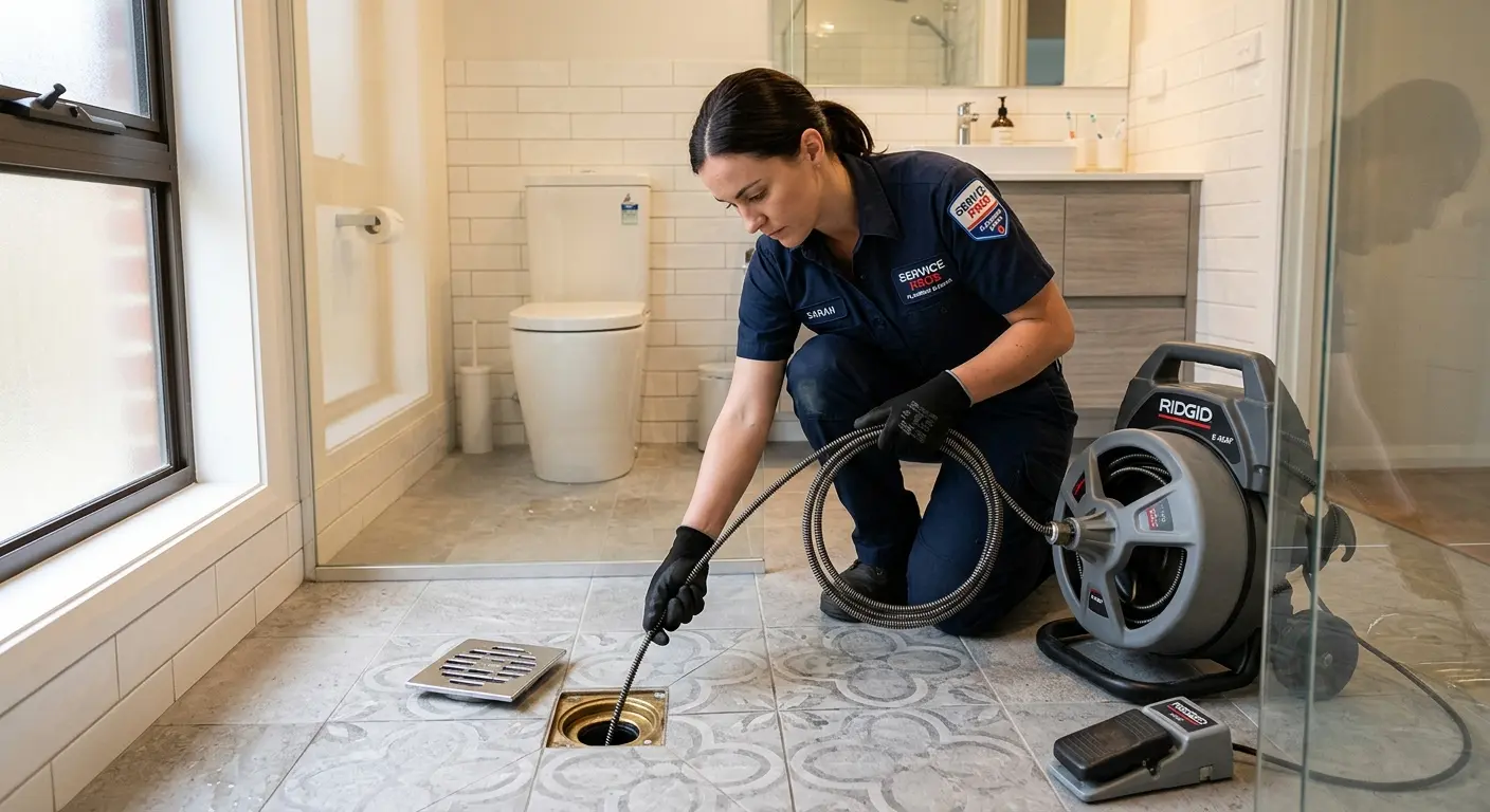 Technician clearing a bathroom floor drain for Drain Cleaning in St. Helena